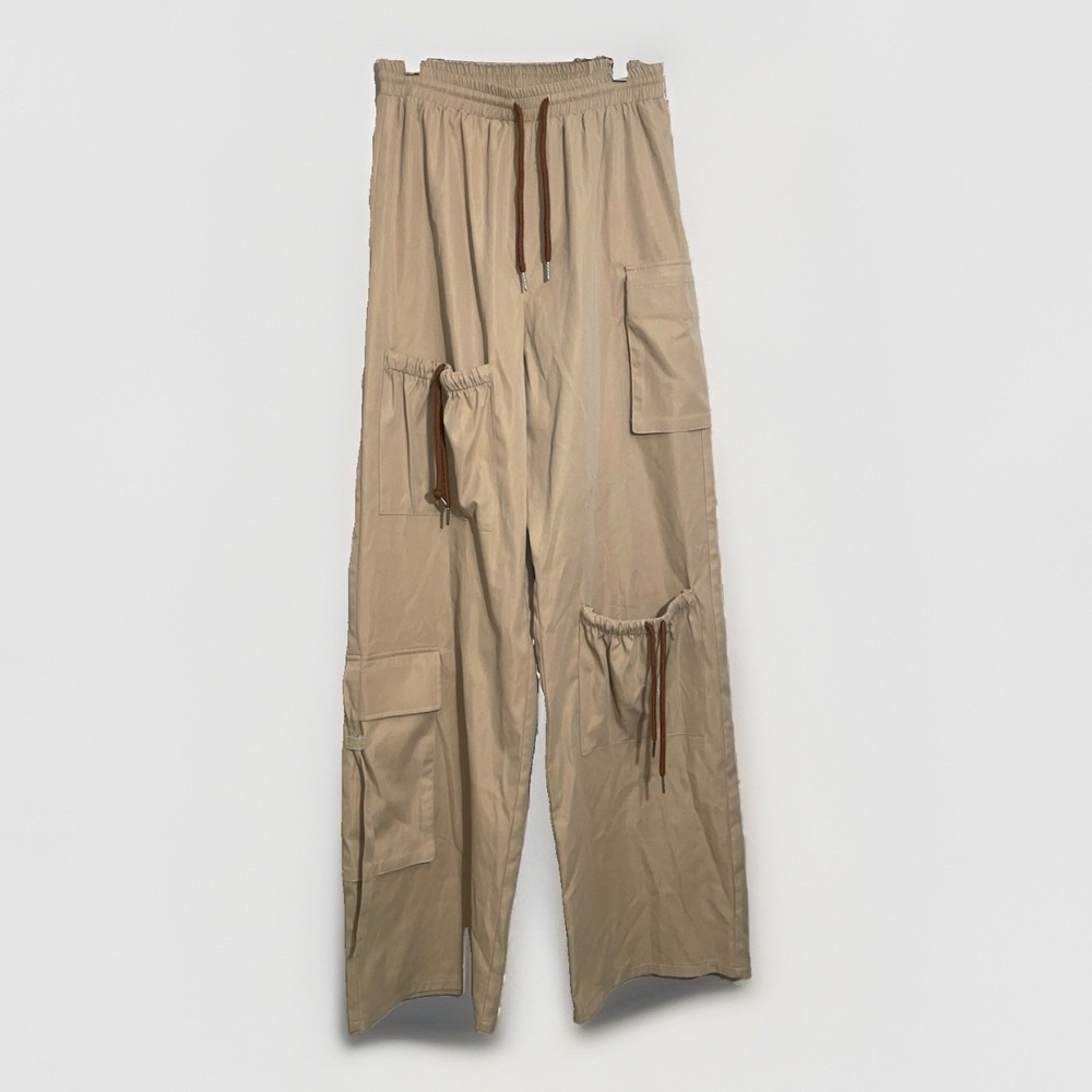 PrettyLittleThing Cargo Pants Wide Leg Utility US 8 Beige Drawstring